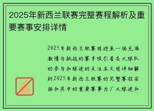 2025年新西兰联赛完整赛程解析及重要赛事安排详情