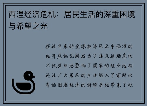 西涅经济危机：居民生活的深重困境与希望之光